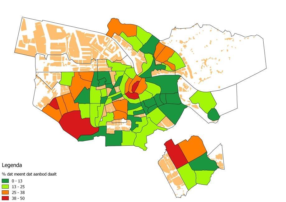 Figuur 5 Aandeel bewoners dat meent dat het aantal winkels voor dagelijkse boodschappen in hun buurt meer of minder is geworden, of gelijk is gebleven, 2016 (%) Zuidoost Noord Oost Zuid Nieuw-West