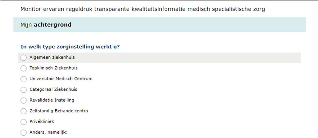 Figuur 4. Illustratie achtergrondvragen De monitorvragenlijst hanteert drie typen vraagstellingen: Likertschaalvragen, open vragen en meerkeuzevragen.