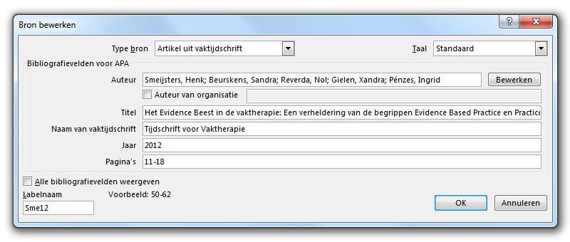 De APA-richtlijnen toepassen met behulp van Word 2013 en Word 2016 6 Voorbeeld 4: Tijdschriftartikel Via de optie Bewerken kunnen namen van de auteurs eventueel worden bewerkt en/of afzonderlijk