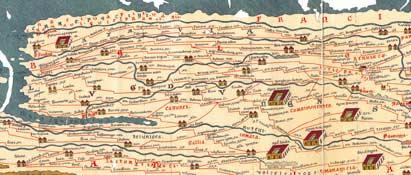 tabula peutingeriana: pretoriu agrippine Dankzij een 13de-eeuwse kopie van een reiskaart uit de Laat-Romeinse tijd weten we dat Valkenburg een belangrijke functie moet hebben gehad.