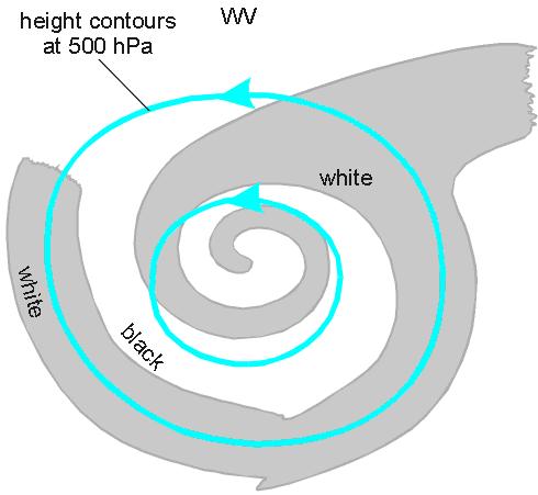 Fig 5: weergave van het IR-beeld tijdens het eindstadium in de ontwikkeling van een ULL Fig 6: Weergave van het WV-beeld tijdens het eindstadium in de ontwikkeling van een ULL Als een gevolg van de