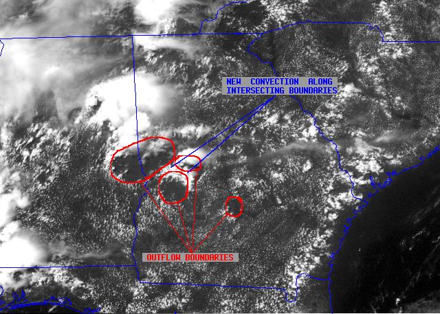 Ontwikkeling van onweersbuien op outflow boundaries van oude cellen: Een voorkeurslocatie voor de ontwikkeling van nieuwe buiencellen is het gebied waar het gustfront van een groot onweerscomplex