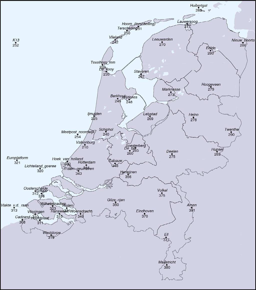 Figuur 9. Locaties van de windstations, inclusief windpalen op zee en boorplatforms (Wever en Groen, 2009). Figuur 10.