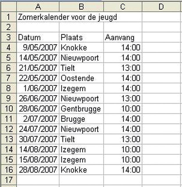 Oefeningen Basishandelingen Oefening 1 Open een nieuw werkblad en maak een overzichtelijke wedstrijdkalender die op de website kan geplaatst worden.