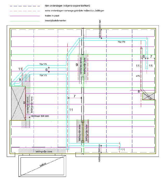 12. met name (geïsoleerde) mechanische ventilatie kanalen en leidingen voor riolering dienen vastgezet te worden tegen opdrijven tijdens het storten. 13.