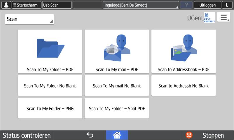 Scan To My Folder: Elke gebruiker heeft een persoonlijke scanfolder. Meer info op: http://helpdesk.ugent.be/raamcontracten/ricoh.php#scannen Scan To My Email: Scan naar uw persoonlijk e-mail adres.