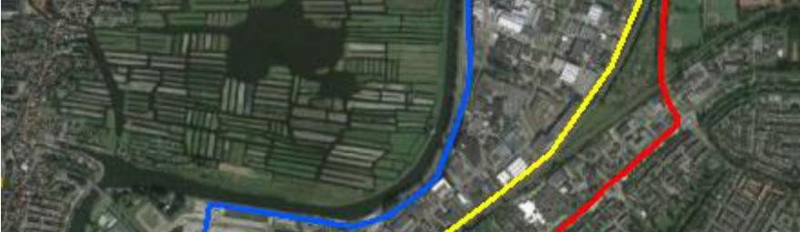Het tracé langs de provinciale weg (blauw) blijkt niet mogelijk