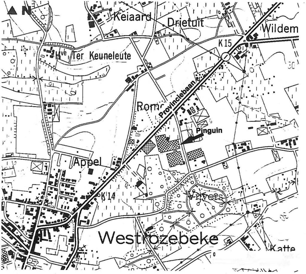2 Pinguin Staden 2. LIGGING De ligging van het te onderzoeken terrein is weergegeven op figuur 1. Het ligt op ca. 800 m ten noordoosten van de dorpskern van Westrozebeke in de Romenstraat 3.