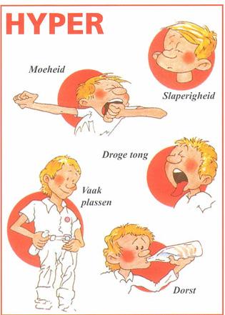 7 Wat als de bloedsuiker te hoog staat (= hyperglycemie)? Een tekort of slechte werking van insuline zorgt voor een teveel aan bloedsuikers.