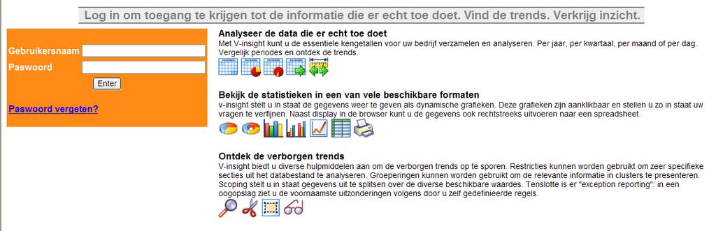 1. MAKEN VAN OVERZICHTEN 1.1. Startscherm Om het beginscherm van V-Insight op te roepen geef je de doorgestuurde URL in, gevolgd door gebruikersnaam en paswoord. Dit bekom je via de PBS-dienst. 1.2.