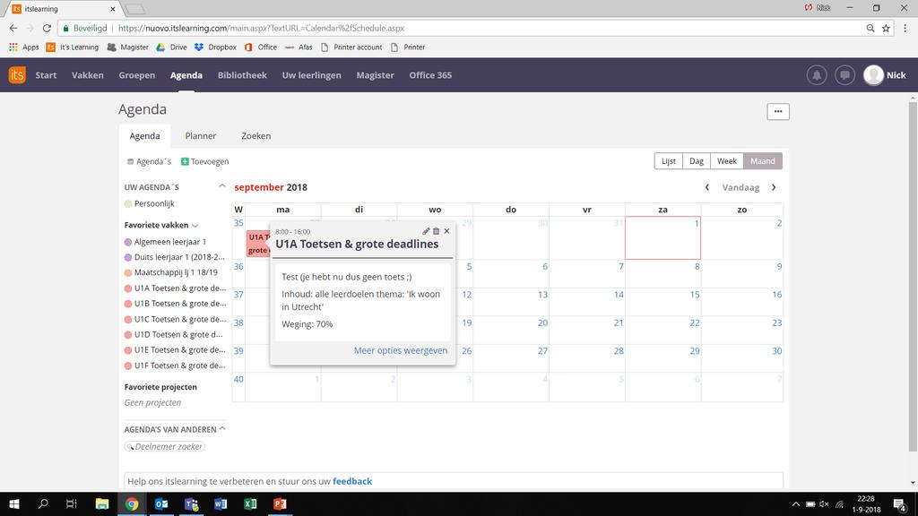 itslearning Stap 1: Ga naar Agenda Stap 3: Klik op het vakje en zie het volgende: - Welke toets en wanneer - Voor welke