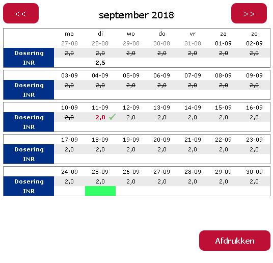 Met << en >> kunt u een maand terug of verder. Per dag kunnen de INR en doseringen worden getoond. De INR wordt getoond op de dag dat die is vastgelegd.