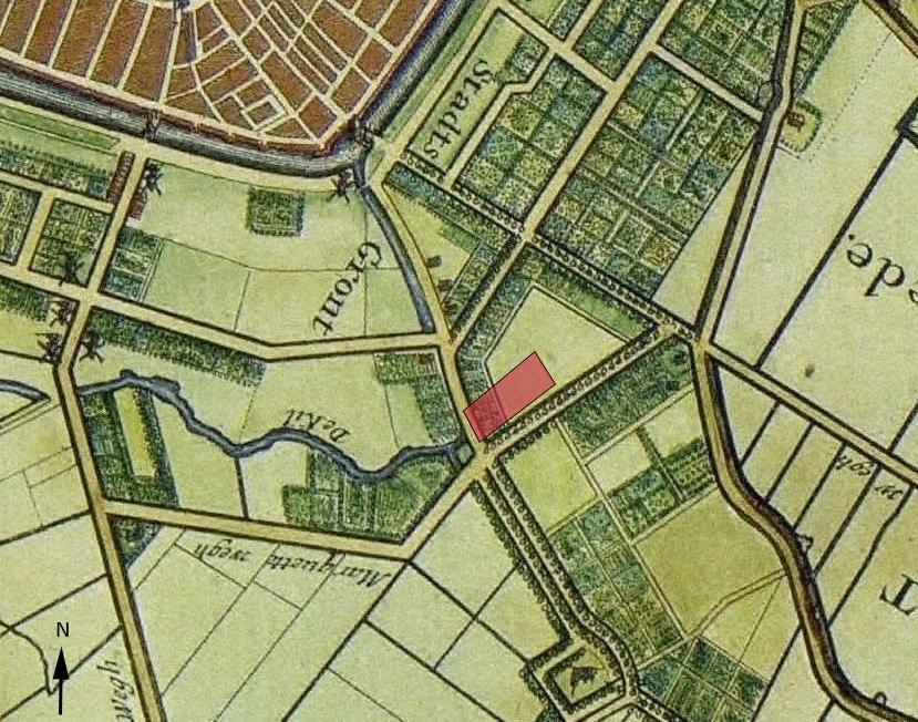 Oranjepark 13, Dordrecht Ondergronds 78 Afb. 7. Het plangebied weergegeven op een uitsnede van een kaart van M. van Nispen uit 1673 (rood).