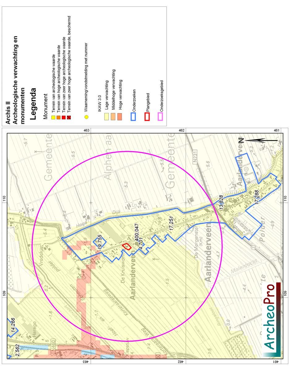 Archeologische onderzoek Noordeinde Aarlanderveen, Gemeente Alphen a/d Rijn ArcheoPro Rapport, 9100, Pagina 14 Figuur 7: Kaart met