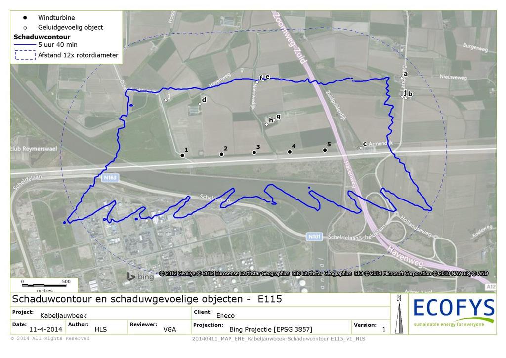 Figuur 3 - Slagschaduwcontour van 5:40u slagschaduwhinder voor de worst case lay-out (Enercon E115 op 125m ashoogte). Tabel 8 geeft de hoeveelheid schaduwuren per object.