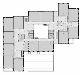 In het hoofdgebouw zijn de gezamenlijke functies samengebracht, zoals de aula, het speellokaal, de bibliotheek en de ict-ruimte. Het onderwijs vindt plaats in de vleugels.