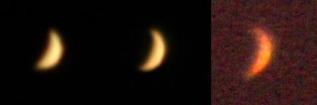 Brandpunt 1400mm: Venus Gedurende Juli 2015 werd de Venus-sikkel steeds smaller. Dit is gefotografeerd (5 tot 20 opnames per keer).