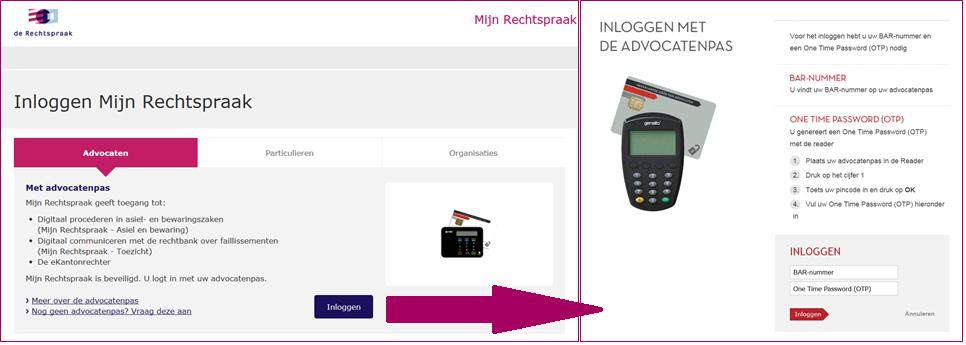 U komt nu op de pagina Inloggen Mijn Rechtspraak in het onderdeel Advocaten. Klik hier op de knop <Inloggen> om met een advocatenpas in te loggen.