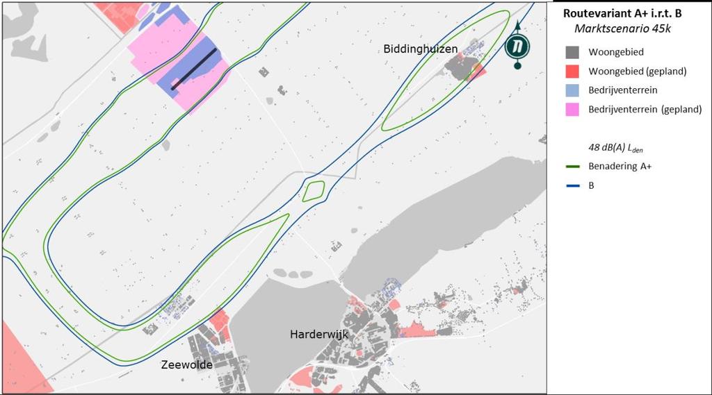 laat dit verschil in ligging van de contour zien bij Zeewolde en Biddinghuizen. Het getoonde verschil heeft beperkte invloed op gebieden met woningbouw.