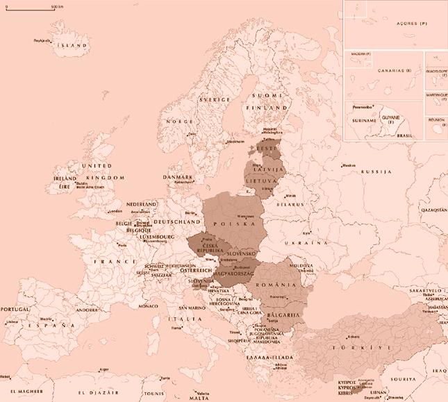 Figuur. Europa van zes naar : demografische constructie x miljoen van de bevolking van de Gemeenschap. Nu is dat procent.