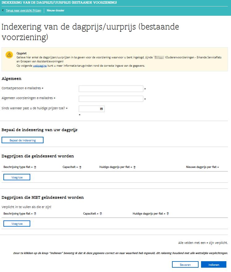 5.5.3 Indexering van de dagprijs (bestaande voorziening) Als u klikt op de link Indexering van de dagprijs (bestaande voorziening) komt volgend scherm tevoorschijn: Figuur 43: scherm start dossier