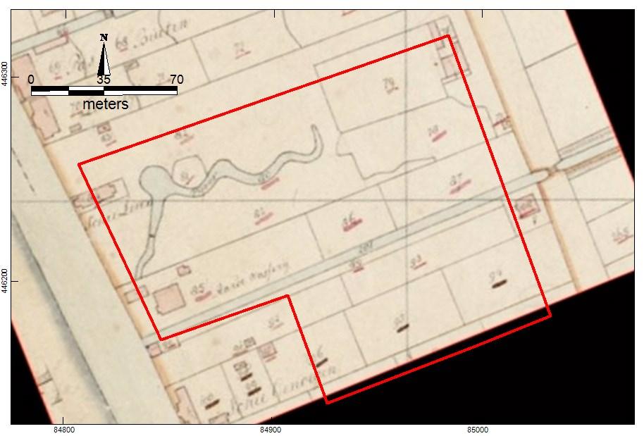 Afbeelding 8. Plangebied op de kadastrale minuutplan. 10 Op de Kadastrale minuutkaart uit het begin van de 19 e eeuw stonden langs de Schie en langs de Rotterdamse weg diverse gebouwen.