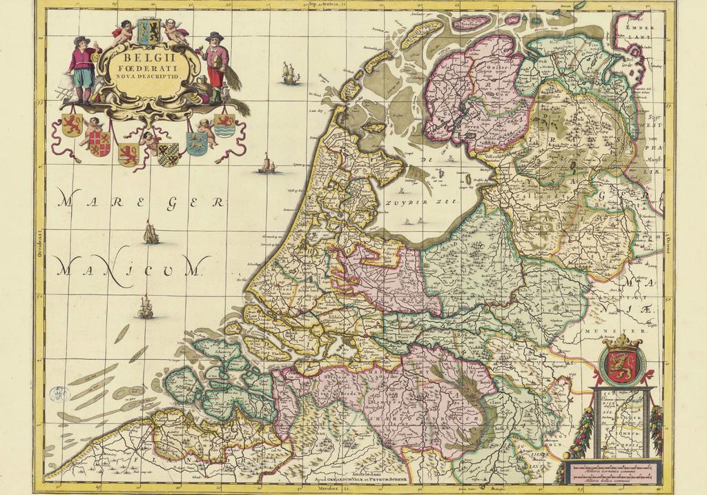 HC 1 Afb. 1.1. Ingekleurde kaart van de zeven provinciën, naar een gravure van Jan Janssonius, Belgii Foederati nova descriptio (1658).