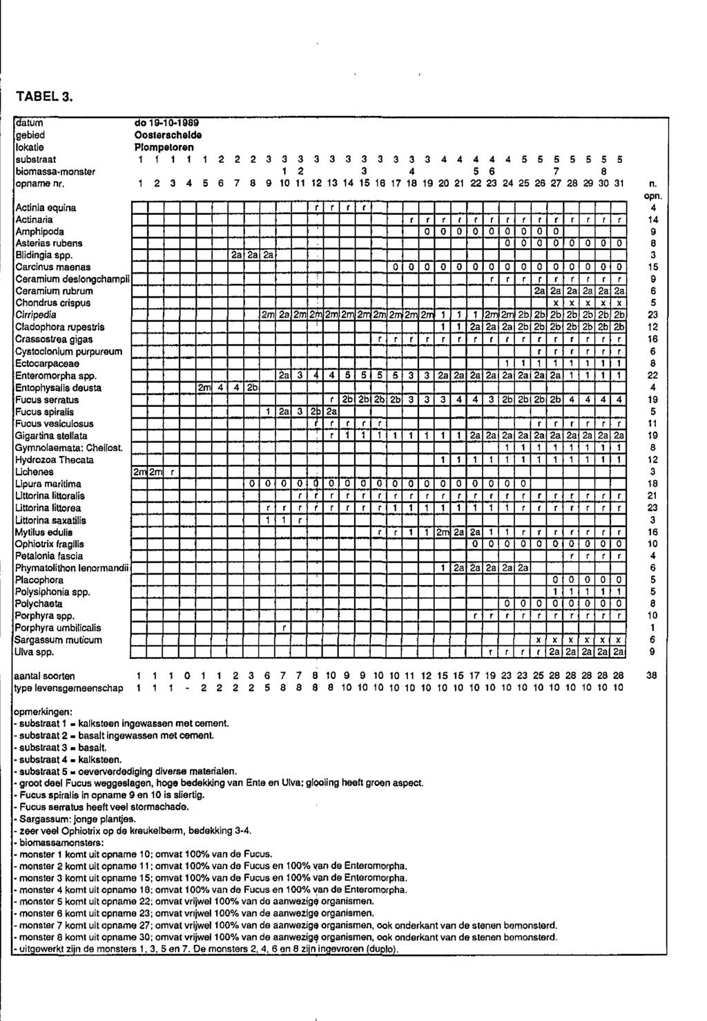 TABEL 3. datum gebied lokatie substraat biomassa-monster opname nr. Actinia equina Actinaria Amphipoda Asterias rubens Blidingia spp.