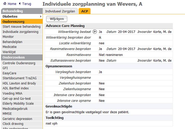 6.2 Advance Care Planning De gegevens in dit scherm worden alleen gebruikt om te registreren dat het
