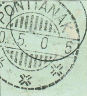 Alleen de dag (17) is zichtbaar. De achterkant van het fragment heeft een 010 Pontianak stempel gedateerd x0.5.05. (20 mei 1945). Mampawa J14, gedateerd 17 mei 1945 (150%).
