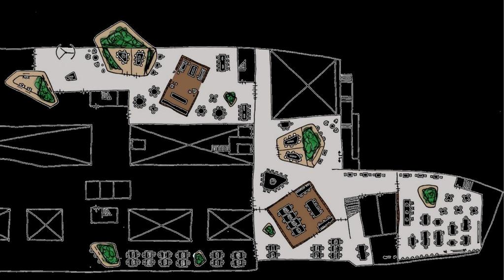 Het park huisvest diverse ruimtes in de vorm van paviljoenen, die uitgevoerd zijn in een combinatie van pure materialen met semitransparante wandelementen. Een schets van één van de parkelementen.