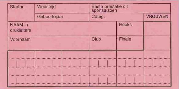 Op dit kaartje vul je de volgende gegevens in: Naam en voornaam Officiële startnummer Leeftijdscategorie (ben/pup/min) Naam van de club (TACT) Geboortejaar Deze gegevens heeft de organisatie nodig om