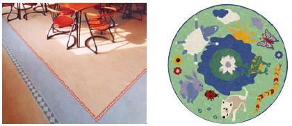 Decoraties In een linoleum vloer kunnen op allerlei manieren decoraties worden aangebracht: stroken in een contrasterende kleur, Marmoleum borders uit het standaard leveringsprogramma van Forbo