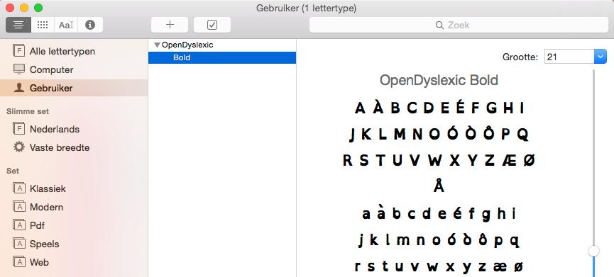 5. Open het lettertypeboek en sleep de resterende lettertypen van de map OpenDyslexic naar het lettertypeboek. 6. Sluit nu het lettertypeboek. 3.