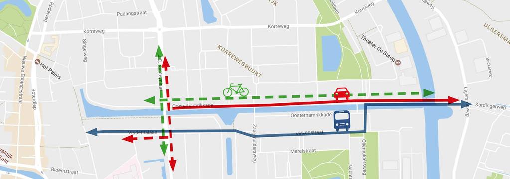 AUTO-, BUS- EN FIETSVERBINDING: VARIANT SPLITSING Wat verandert er aan de Oosterhamrikkade zuidzijde Samen met bewoners en eigenaren van woonschepen werken we aan een nieuw inrichtingsplan voor de