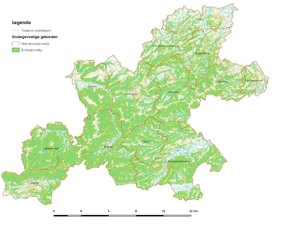 Kaart 20: Erosiegevoeligheid - bron: Geopunt Bodemerosie kan zowel lokaal als stroomafwaarts voor problemen zorgen 51.