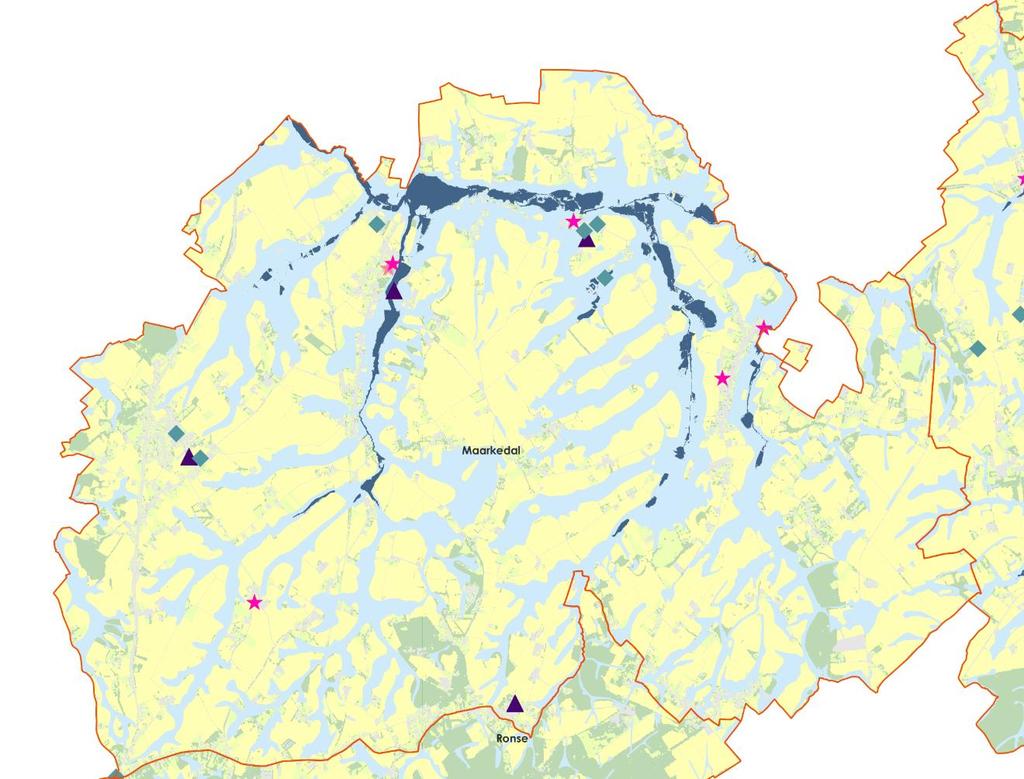 Kaart 28: Overstromingsgevoelige gebieden 2017 in combinatie met kwetsbare groepen - Maarkedal - Bron: Geopunt Maarkedal In effectief overstromingsgevoelig