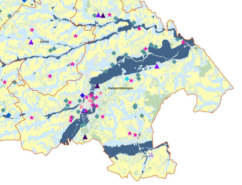 Kaart 33: Overstromingsgevoelige gebieden 2017 in combinatie met kwetsbare groepen - Geraardsbergen - Bron: Geopunt Geraardsbergen In effectief overstromingsgevoelig gebied zijn gelegen (hoog