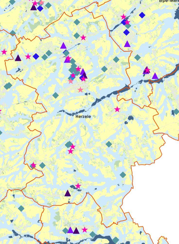 Kaart 36: Overstromingsgevoelige gebieden 2017 in combinatie met kwetsbare groepen - Herzele - Bron: Geopunt Herzele In mogelijk