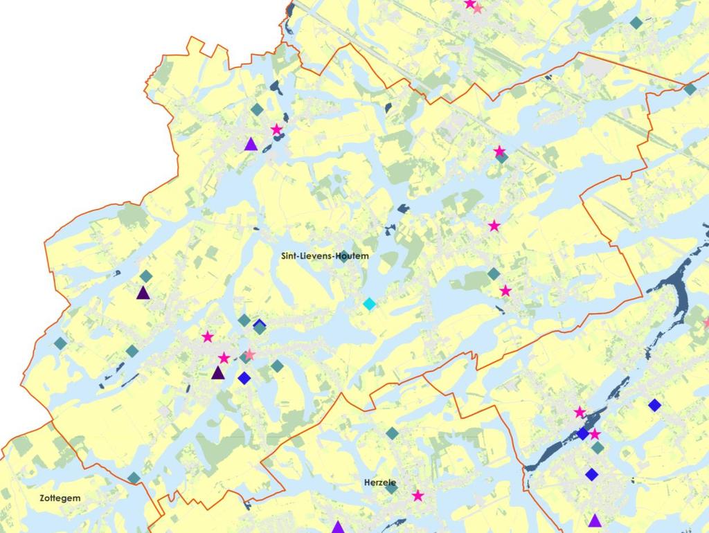 Kaart 37: Overstromingsgevoelige gebieden 2017 in combinatie met kwetsbare groepen Sint-Lievens- Houtem - Bron: Geopunt Sint-Lievens-Houtem In mogelijk