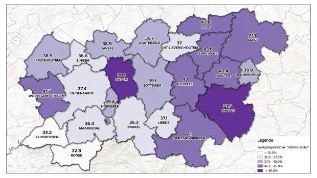 Kaart 5: percentage van inwoners tewerk gesteld in de agrarische sector (links boven), de sector industrie (rechts boven), de commerciële