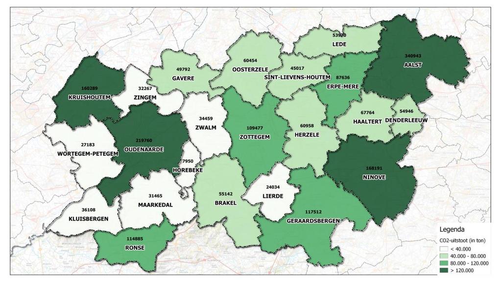 Grafiek 7: Overzicht van totale CO2-uitstoot per stad/gemeente voor de 13 betrokken steden en gemeenten van de regio Zuid-Oost-Vlaanderen