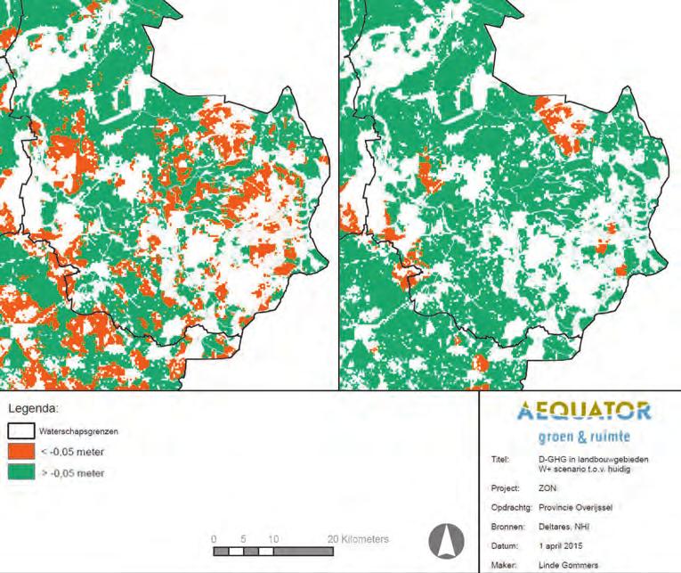 Afbeelding 2: Het wel of niet overschrijden van het knikpunt GHG (5 cm) in het landbouwgebied (groen is niet overschreden). Links: als gevolg van alleen klimaatverandering.