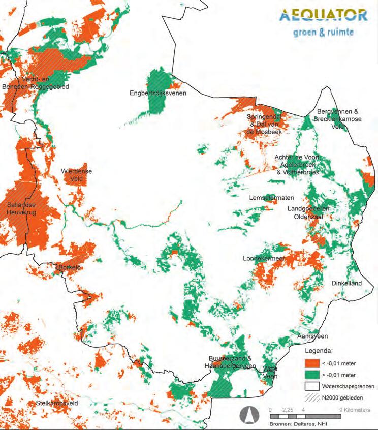 Afbeelding 3: Het wel of niet overschrijden van het knikpunt GVG (1 cm) in natuurgebieden (groen is niet overschreden) als gevolg van toename van beregening In vrijwel alle natuurgebieden kleuren één