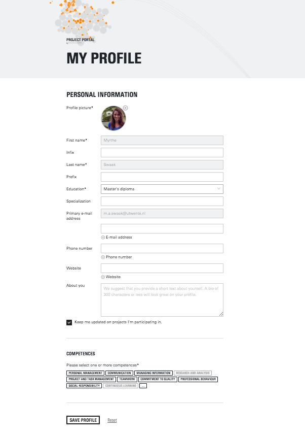 Profiel aanmaken en bewerken Klik op My profile page om je profiel in te zien en aan te passen. Een aantal velden zijn al voor ingevuld zoals je voornaam, achternaam en e-mailadres.