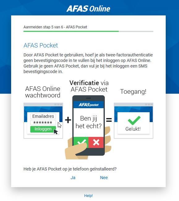 U krijgt een optie aangeboden om met de AFAS Pocket app te gaan werken.