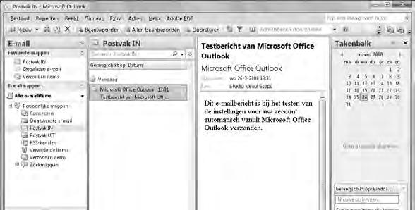 geopend: In het midden ziet u het geopende Postvak IN: In dit voorbeeld ziet u in Postvak IN een testbericht van Microsoft Office Outlook.