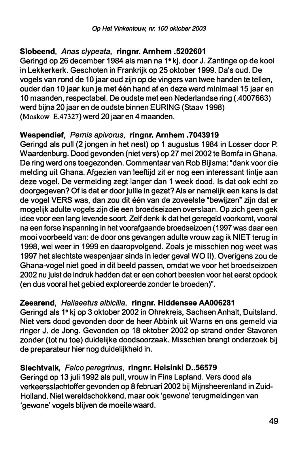 Op Het Vinkentouw, nr. 100 oktober 2003 Slobeend, Anas clypeata, ringnr. Arnhem.5202601 Geringd op 26 december 1984 als man na 1 e kj. door J. Zantinge op de kooi in Lekkerkerk.