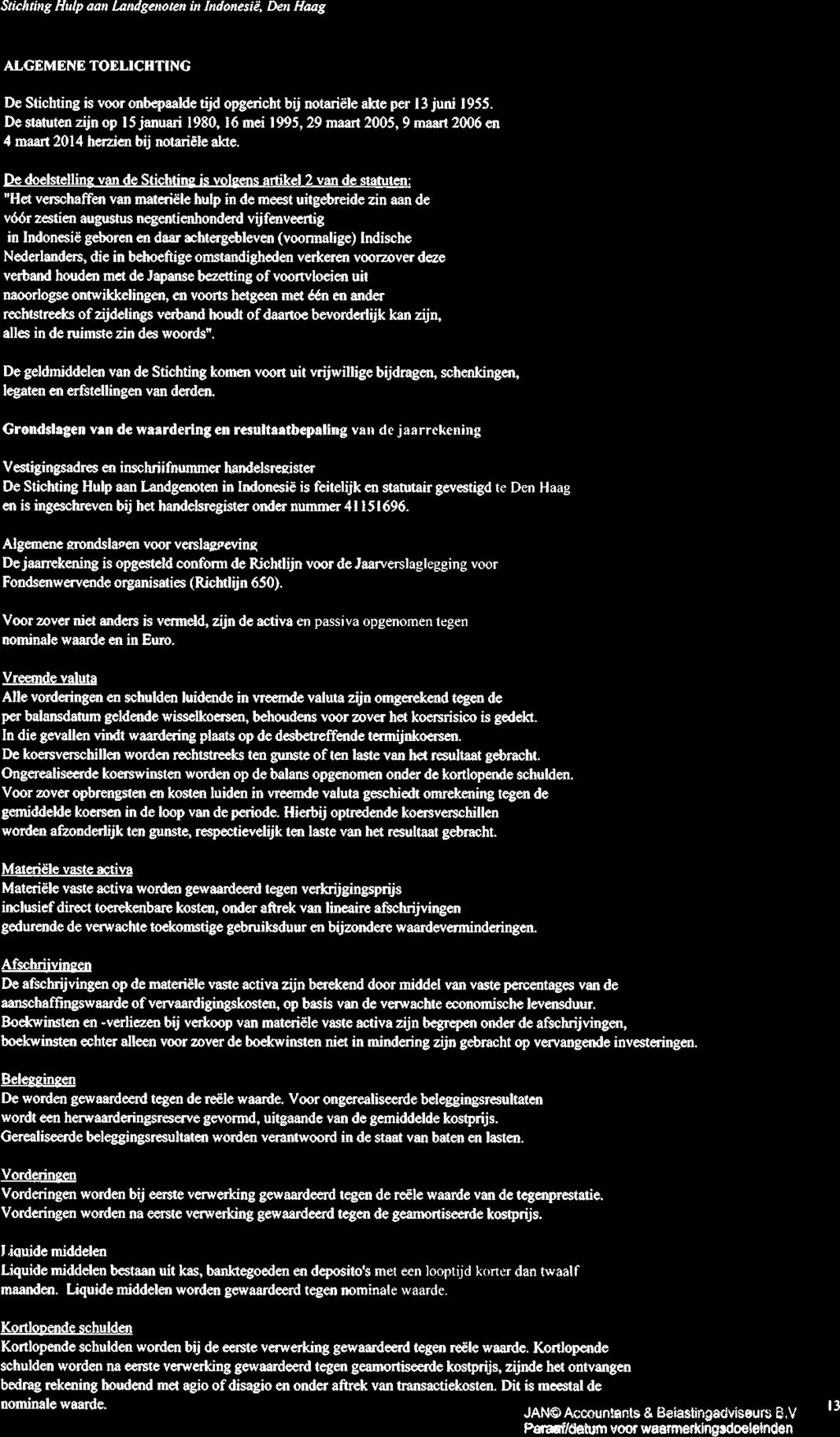 Stich ing Hulp aan Landgenoten in Indonesië, Den Haag ALGEMENE TOELICHTING De Stichting is voor onbepaalde tijd opgericht bij notariële akte per 13 juni 1955.