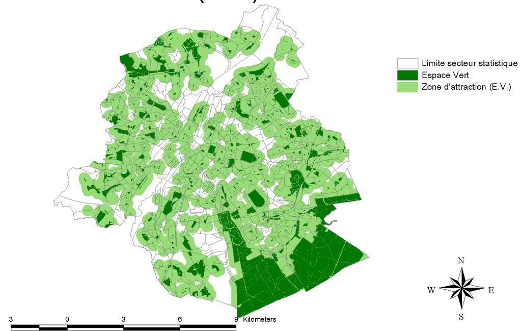 dichtst bevolkte wijken wonen en, (2) dat de ecologische en landschappelijke recreatieve kwaliteit van de groene ruimten uiterst variabel is. Figuur 4. Aantrekkingsgebied van de groene ruimten 6.